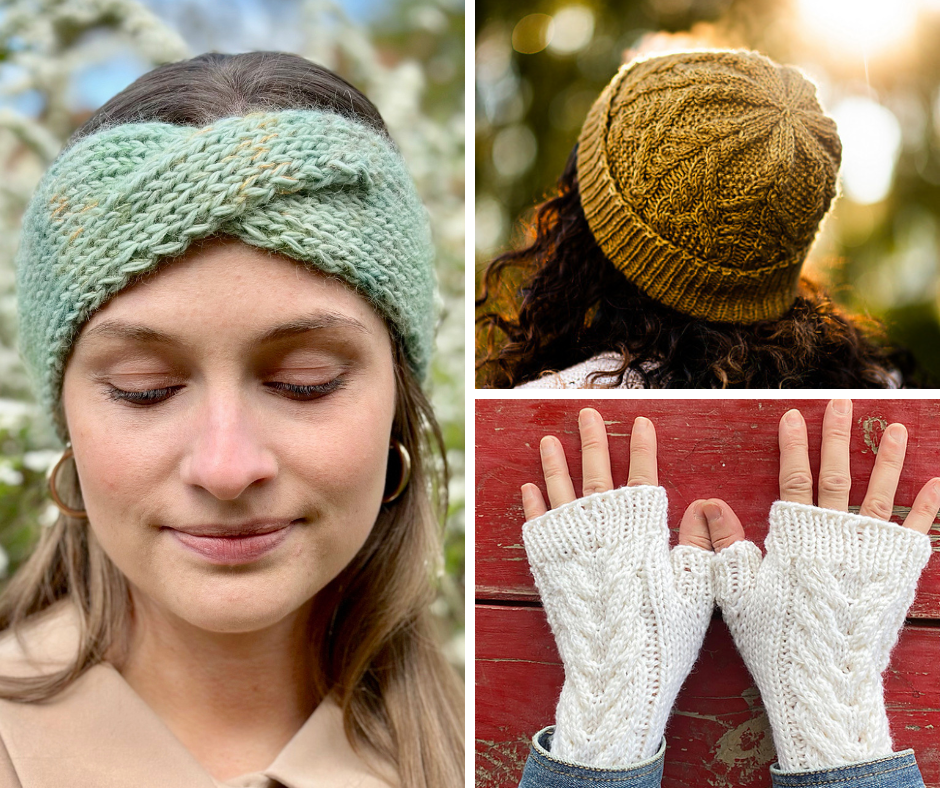 Knitted headband, cabled hat, and fingerless mitts