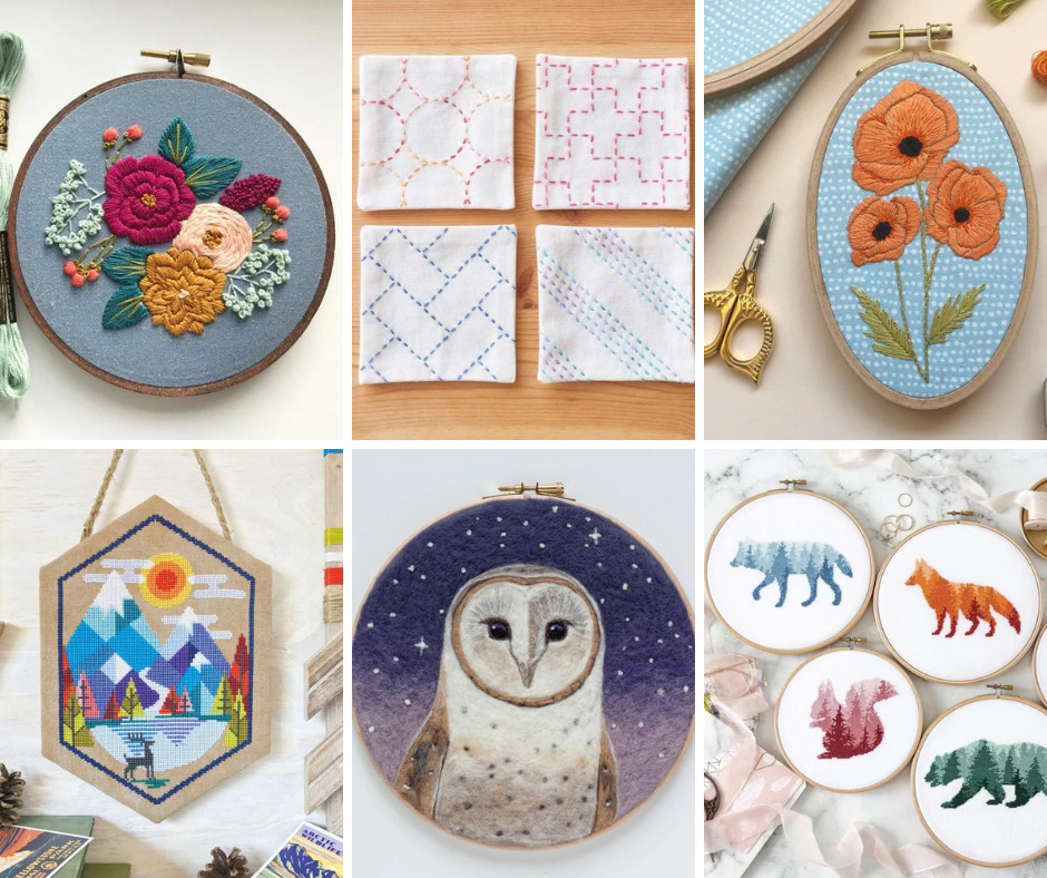 A collection of 6 embroidery, cross stitch and needle felting projects including flora and fauna.