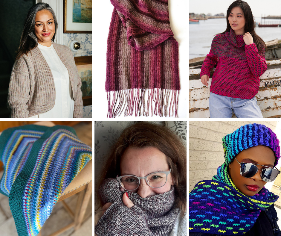 A collage of crochet projects including blankets, hats and mittens and sweaters.