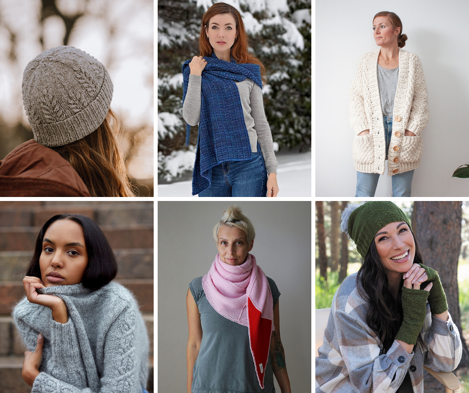 A collage of 6 knitting projects include hats, scarves, and sweaters.
