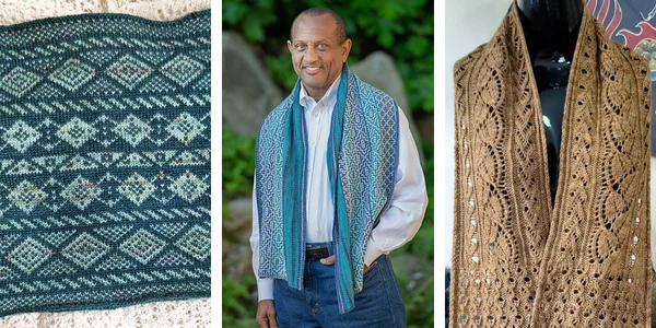 From left to right: a colorwork cowl, a Black man wearing a mosaic style scarf in blues, a camel colored lace wrap on a mannequin